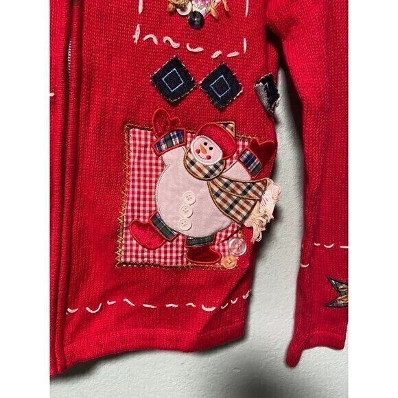 Vintage Basic Editions Women's Red Snowman Santa Claus Zip Up Sweater Small - Picture 5 of 11